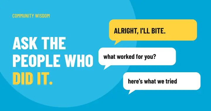 Illustration: a stack of chat bubbles starting with alright, I will bite, beside the words ask the people who did it.