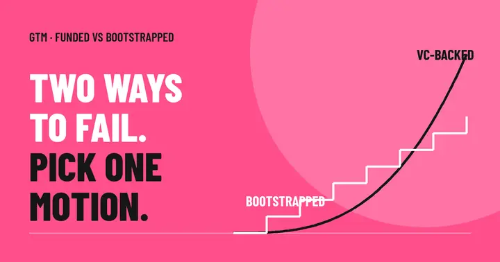 Illustration: a steep dark growth curve labeled VC-backed beside a steady white staircase labeled bootstrapped, with the words two ways to fail, pick one motion.