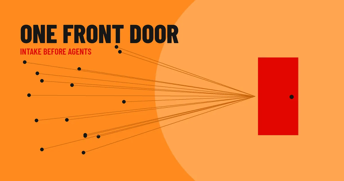 Many scattered lines converging on a single red door.