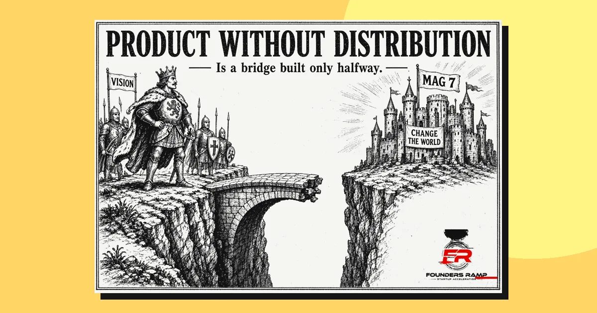 Sketch of a king and his army at a cliff edge, with a stone bridge built only halfway toward a castle. Titled Product without distribution.